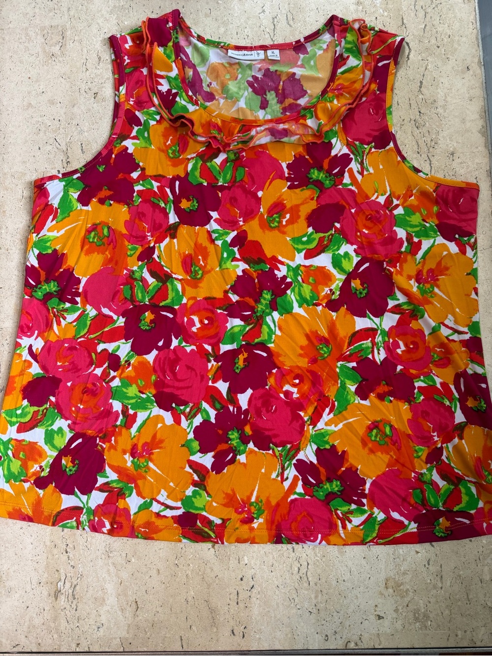 SUSAN GRAVER Tank Top Blouse Vibrant Floral Ruffle Neck Shirt Women’s XL